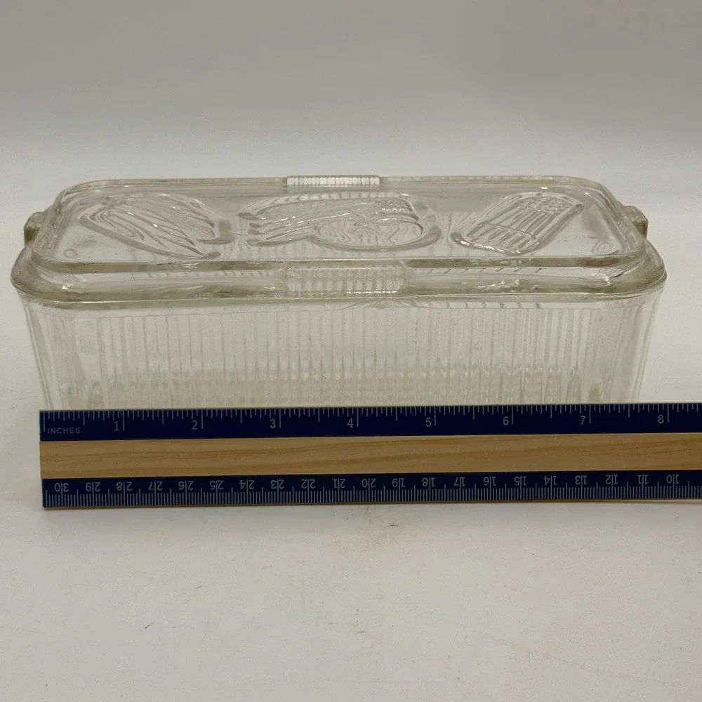 Vintage Clear Ribbed Glass Refrigerator Dish Embossed Vegetable Lid Rectangular